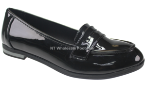 US Brass Junior Girls Black Patent Slip On Shoes With A Strap Myla UW270G