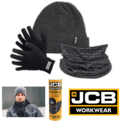 JCB WINTER WORKWEAR ACCESSORIES BOX PACK INCLUDES Beanie, Touch Screen Gloves and Snood Neckwarmer
