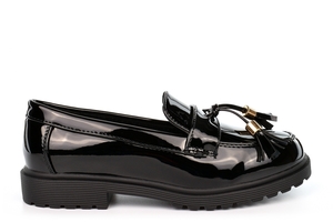 US Brass Junior Girls Black Patent Slip On Shoes With A Tassel Maia UW279-G